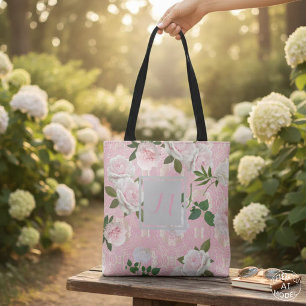 Elegant Blush Pink Roses and Gold Damask Monogram Tote Bag