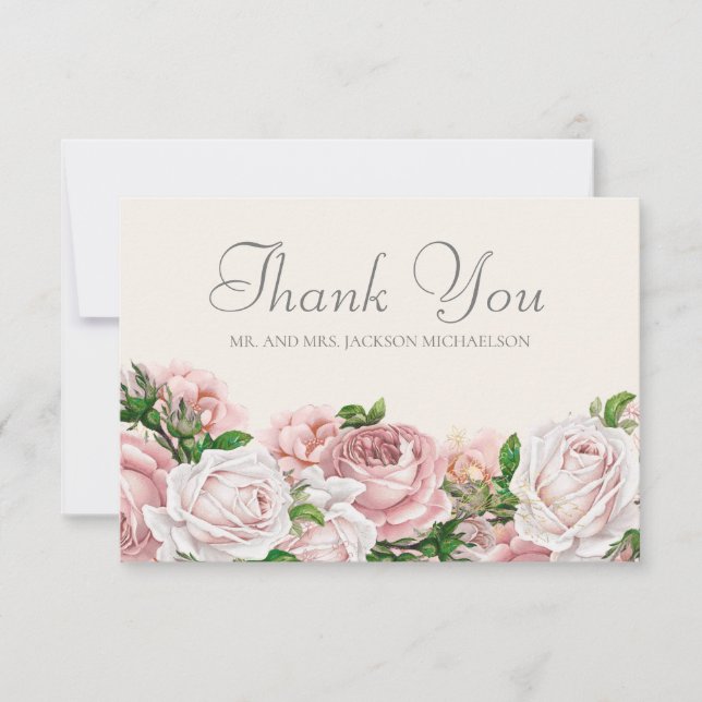 Elegant Blush Pink Roses Cream Wedding Thank You Card (Front)