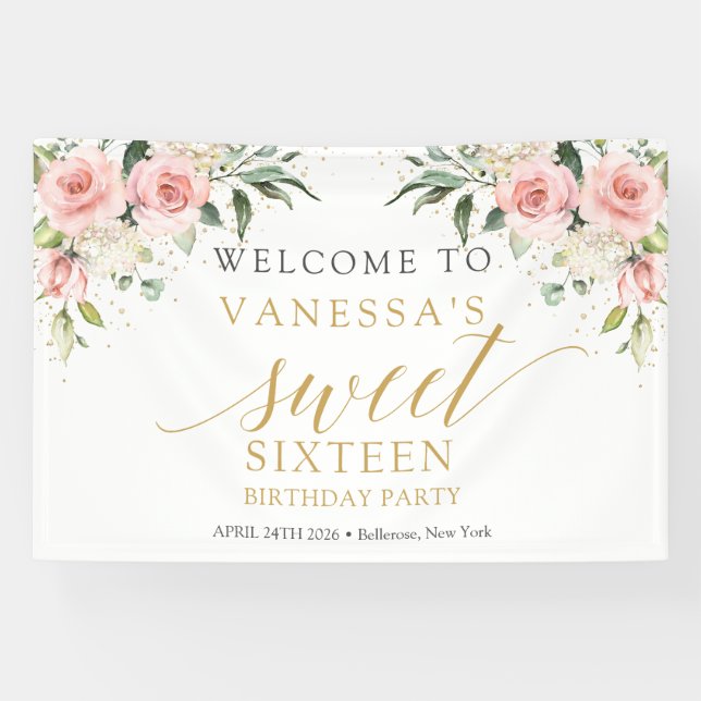 Elegant blush pink roses eucalyptus gold sweet 16 banner (Horizontal)