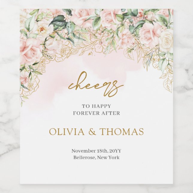 Elegant blush pink roses eucalyptus gold wedding wine label (Single Label)