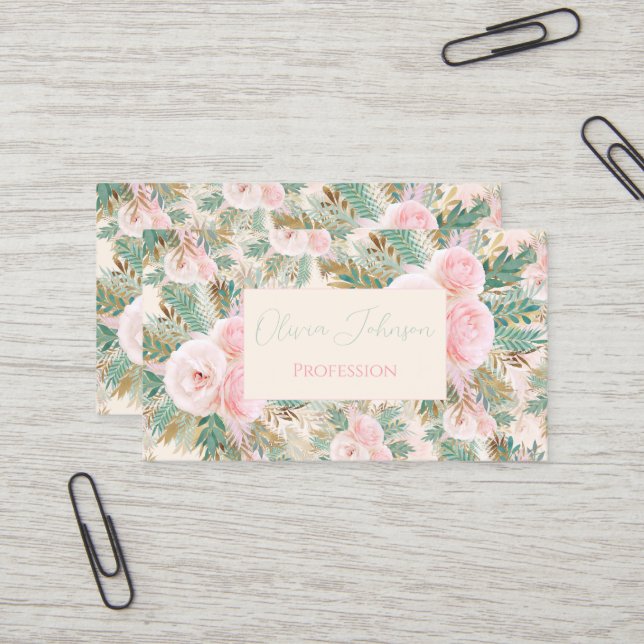 Elegant Blush Pink Roses Floral Mint Golden Leaves Business Card (Front/Back In Situ)