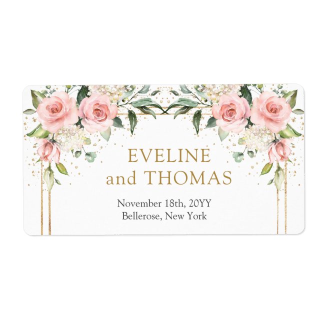 Elegant blush pink roses gold wedding labels (Front)
