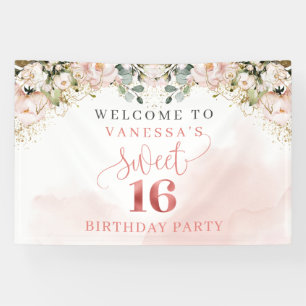 Elegant blush pink roses green rose gold sweet 16 banner