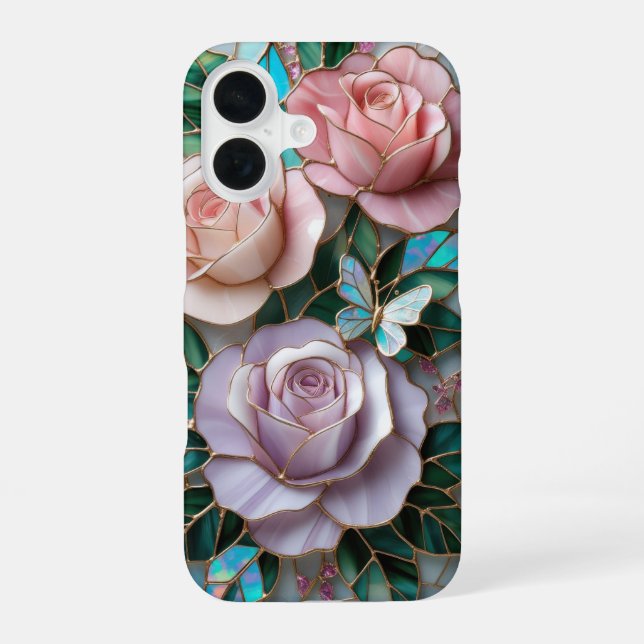 Elegant Blush Pink Roses in Stained Glass Art iPhone 16 Case (Back)