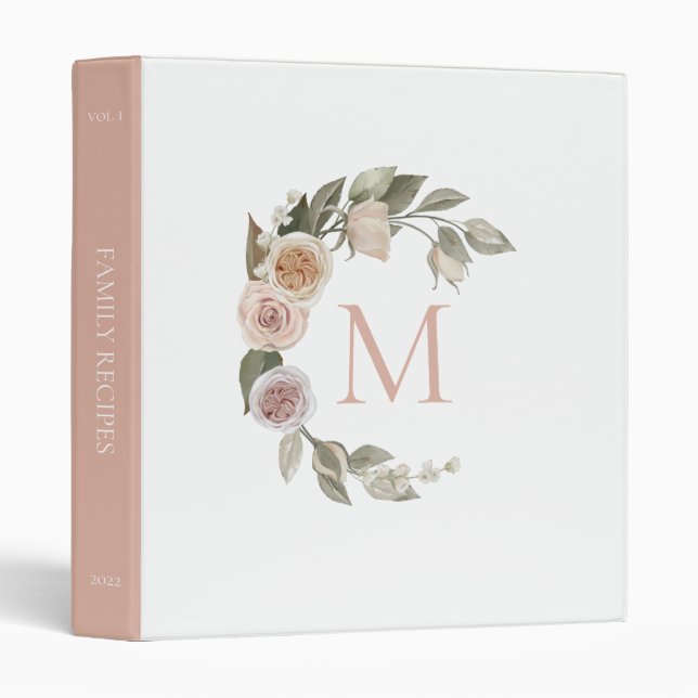 Elegant Blush Pink Roses Monogram Family Recipe   Binder (Front/Spine)