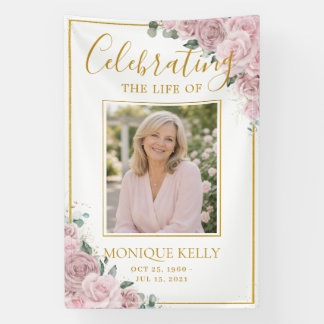Elegant Blush Pink Roses Picture Funeral Memorial  Banner