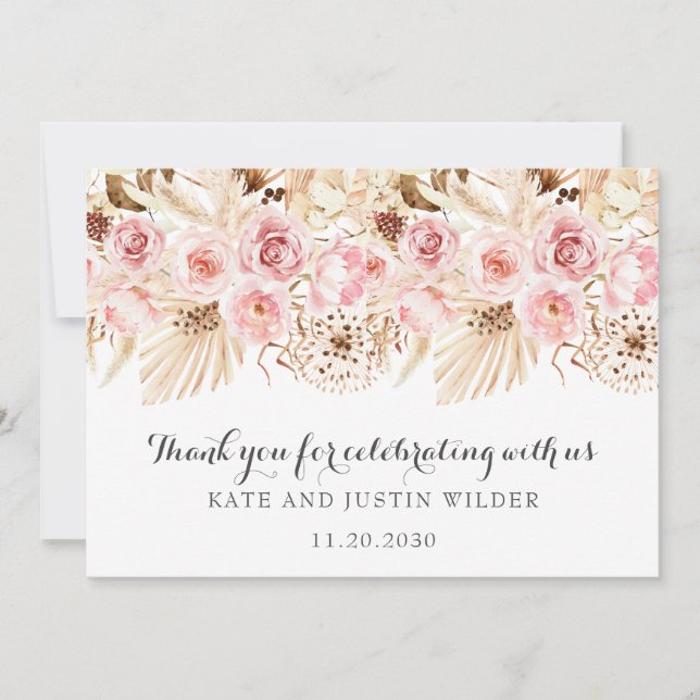 Elegant Blush Pink Roses Wedding Thank You (Front)