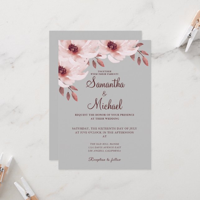 Elegant Blush Pink Rusty Leaves Watercolor Floral  Invitation (Front/Back In Situ)