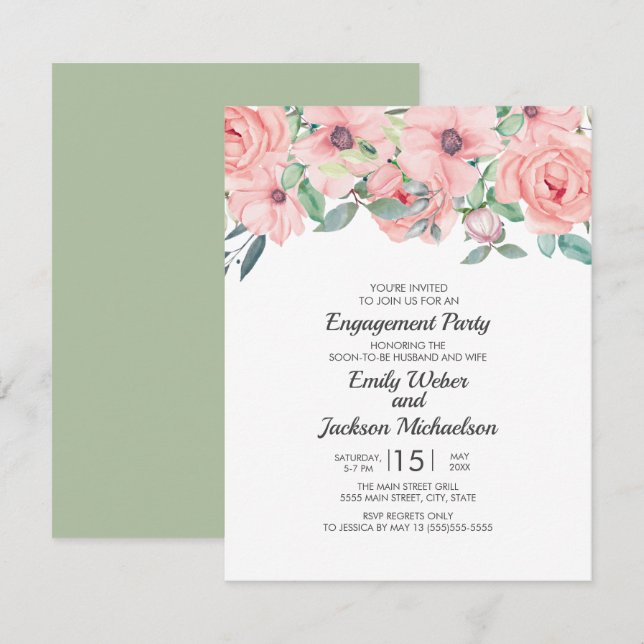 Elegant Blush Pink Sage Green Floral Engagement Invitation (Front/Back)