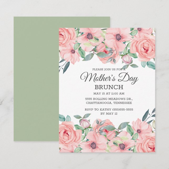 Elegant Blush Pink Sage Green Floral Mother's Day Invitation (Front/Back)