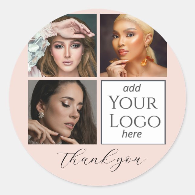 Elegant Blush Pink Script 3 Photo Logo Makeup  Classic Round Sticker (Front)