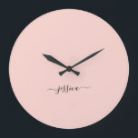Elegant blush pink script name  large clock<br><div class="desc">Modern wall clock with a girly blush pink design and a hand lettered black script. Personalize with your name.</div>