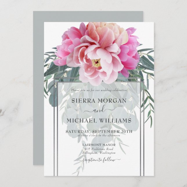 Elegant Blush Pink Silver Grey Bouquet Wedding Invitation (Front/Back)