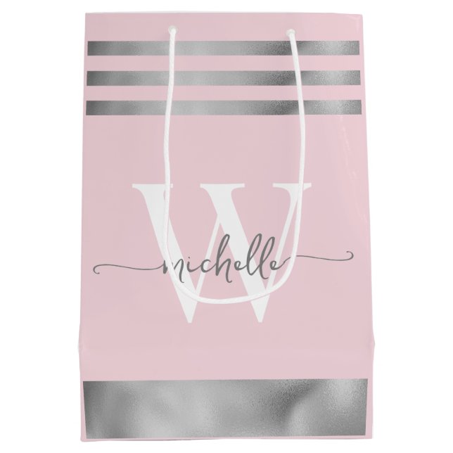 Elegant Blush Pink Silver Striped Monogram Script  Medium Gift Bag (Back)