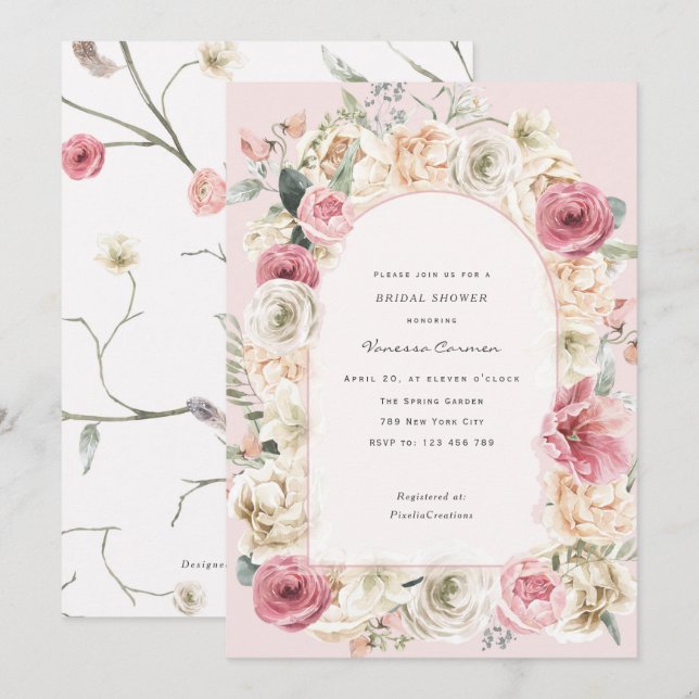 Elegant blush pink spring garden bridal shower invitation (Front/Back)