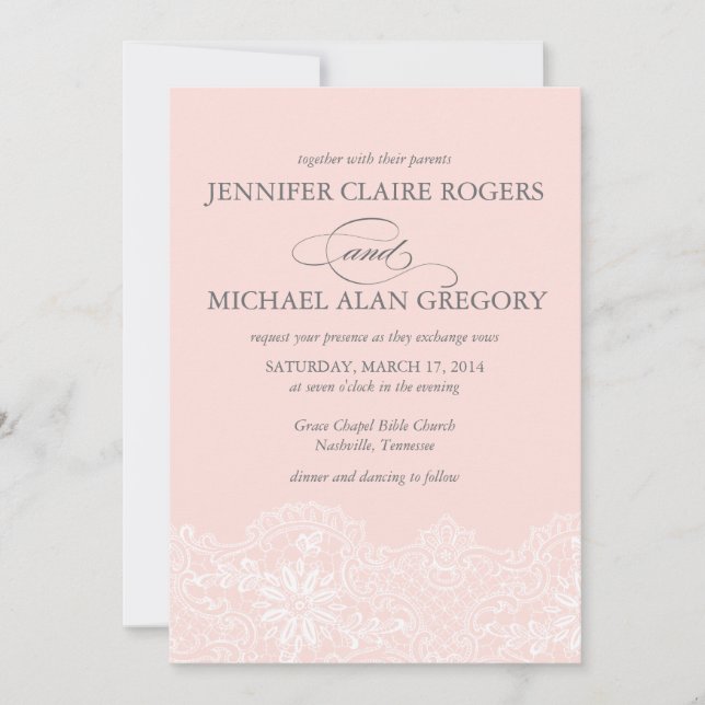 Elegant Blush Pink Vintage Lace Wedding Invitation (Front)