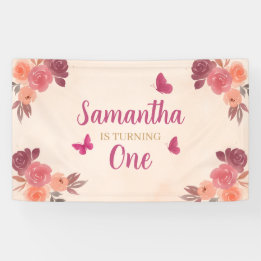 Elegant Blush Pink Watercolor Floral 1st Birthday Banner