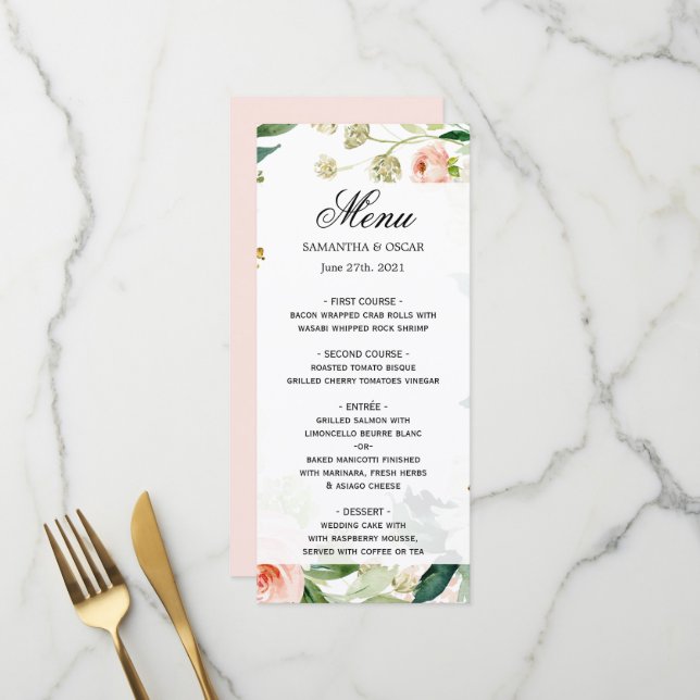 Elegant Blush Pink Watercolor Floral Frame Menu (Front/Back In Situ)