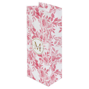 Elegant Blush Pink Watercolor Floral Gold Monogram Wine Gift Bag