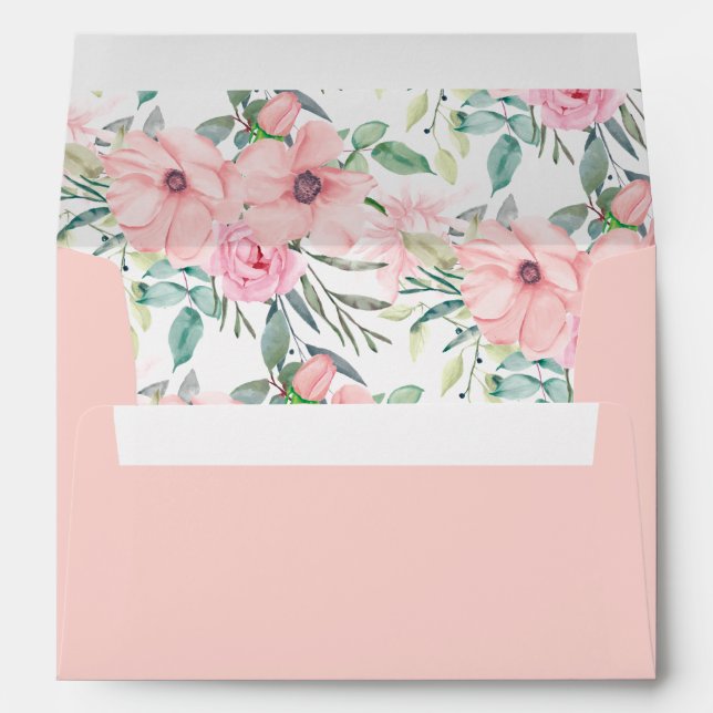 Elegant Blush Pink Watercolor Floral Leaves White  Envelope (Back (Bottom))