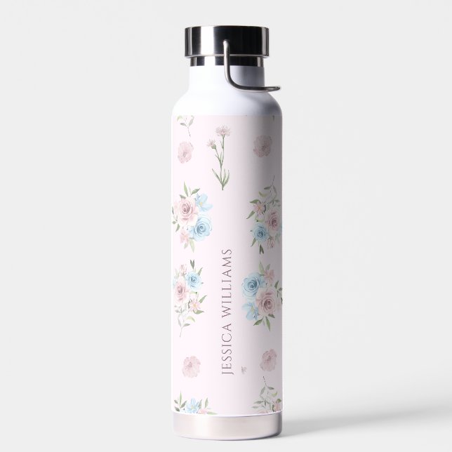 Elegant Blush Pink Watercolor Floral Monogram Water Bottle (Left)