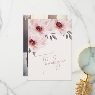 Elegant Blush Pink Watercolor Floral Photo Wedding Thank You Card