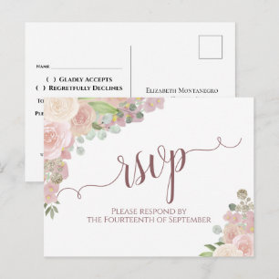 Elegant Blush Pink Watercolor Floral Wedding RSVP Postcard