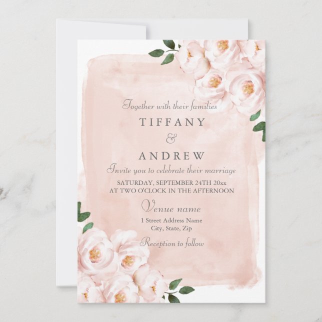 Elegant Blush Pink Watercolor Flowers Wedding Invitation (Front)