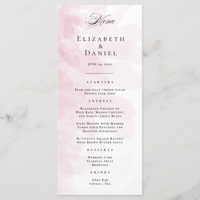 Elegant Blush Pink Watercolor Wedding Menu (Front)