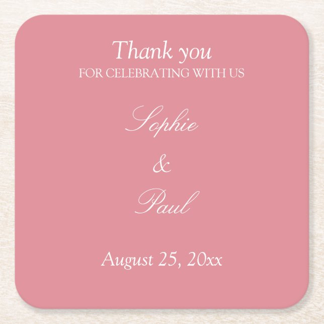 Elegant Blush Pink Wedding Thank You Square Paper Coaster (Front)