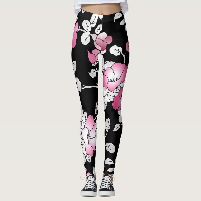 Elegant Blush Pink White Black Floral Leggings (Front)