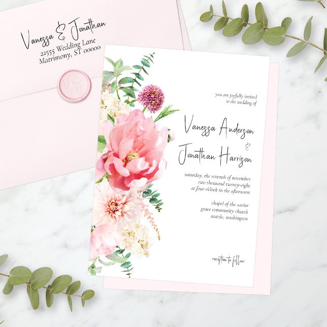 Elegant Blush Pink White Floral Romantic Wedding Invitation (In situ - blush pink envelope and wax seal sold separately in this collection.)