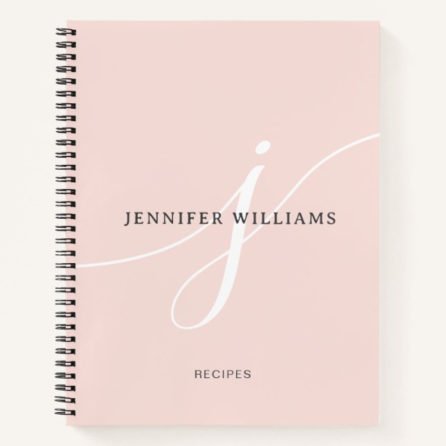 Elegant Blush Pink White Script Monogram Recipe Notebook (Front)
