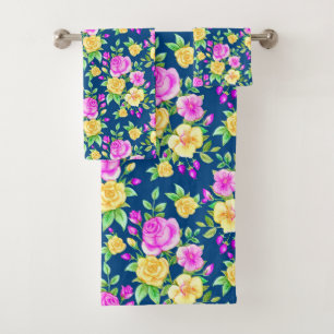 Elegant Blush Pink Yellow Rose Floral Pattern Bath Towel Set