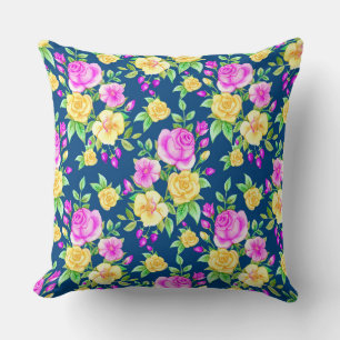 Elegant Blush Pink Yellow Rose Floral Pattern Throw Pillow