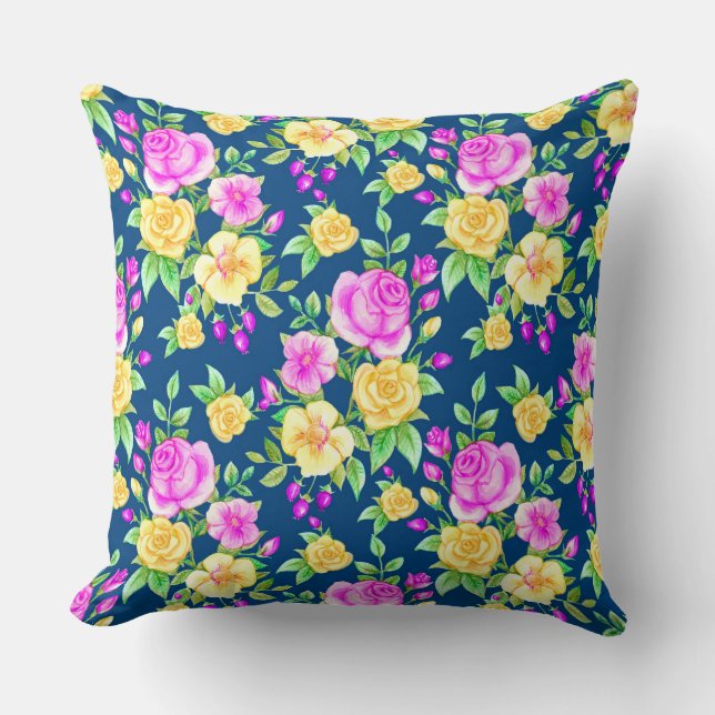 Elegant Blush Pink Yellow Rose Floral Pattern Throw Pillow (Front)