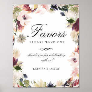 Elegant Blush Plum Floral Favor Wedding Sign