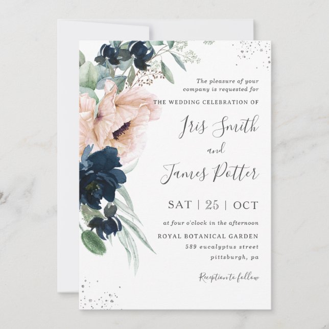 Elegant Blush Poppies Navy Floral Silver Wedding  Invitation (Front)