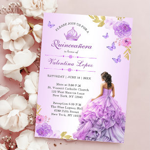 Elégant Blush Purple Floral Quinceañera Invitation