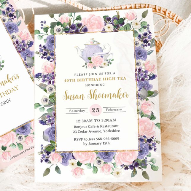 Elegant Blush & Purple Floral Tea Party Birthday Invitation (elegant purple and blush pink floral birthday high tea party invitation card)