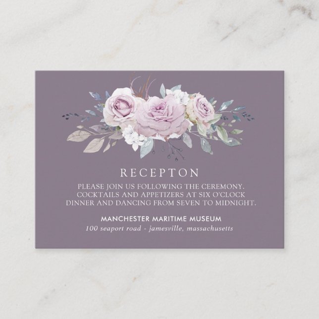 Elegant Blush Purple Floral Wedding Reception Enclosure Card (Front)