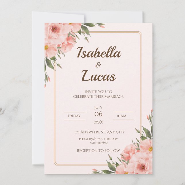 Elegant Blush Rose and Greenery Wedding Invitation (Front)