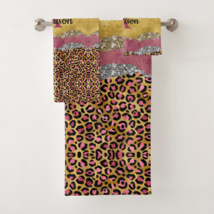 Elegant blush rose animal print glittery monogram bath towel set