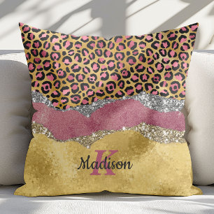 Elegant blush rose animal print glittery monogram throw pillow