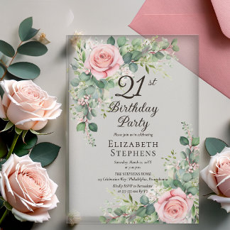Elegant Blush Rose Eucalyptus 21st Birthday Party Acrylic Invitations