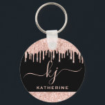 Elegant Blush Rose Gold Glitter Drips 2 Monogram  Keychain<br><div class="desc">Girly, Elegant, Sylish Blush Rose Gold Glitter Drips 2 Monogram Script custom personalized name monogrammed keychain on black. Featuring a modern luxury faux blush pink rose gold glitter dripping frame, a large double hand lettered monogram script font with swashes (large size initials), and a serif type font name in pink...</div>