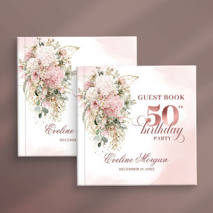 Elegant Blush Rose Gold Greenery 50th Guest Book