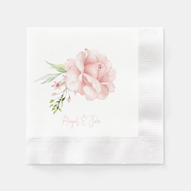 Elegant Blush Rose Personalized Coined Wedding Napkin (Front)