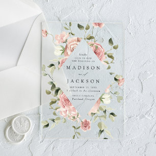 Elegant Blush Roses and Greenery Wedding Acrylic Invitations