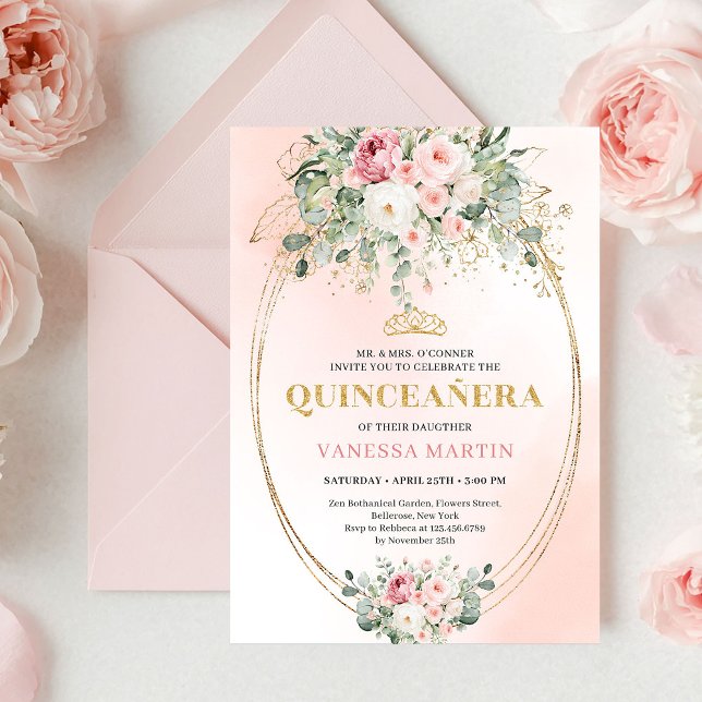 Elegant Blush Roses Boho Quinceañera Gold Invitati Invitation (Elegant Blush Roses Boho Quinceañera Gold Invitation)
